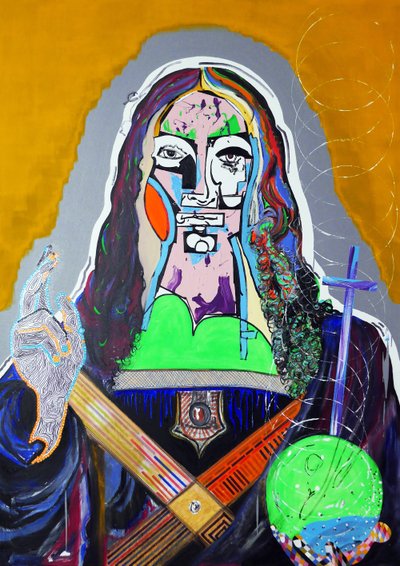 Surpeinture：Salvator Mundi，2020 年（布面油画、纸张和丙烯酸树脂） 作者 伯努瓦·埃尔万·布歇罗