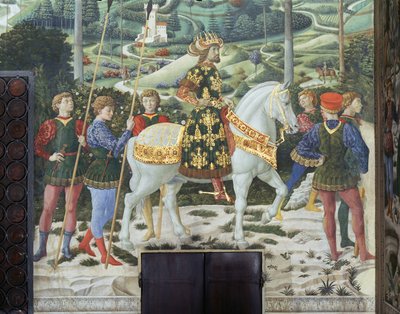 东罗马皇帝约翰七世-帕拉伊洛格斯（1391-1448 年），饰演三王之一巴尔塔萨，小教堂中《马吉之旅》的细节，约 1460 年（壁画） 作者 Benozzo di Les di Sandro Gozzoli