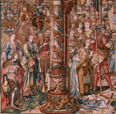 佛兰德挂毯荣誉系列。信仰》（La Fe）。该系列的第一幅挂毯。Bernard van Orley 和 Jan Gossaert (Mabuse) 圈子里的漫画家模特。制作地点：布鲁塞尔，彼得-凡-艾尔斯特（Pieter van Aelst）。约 1550 年。织物 金、银、丝和羊毛。 作者 Bernaert van (circle of) Orley