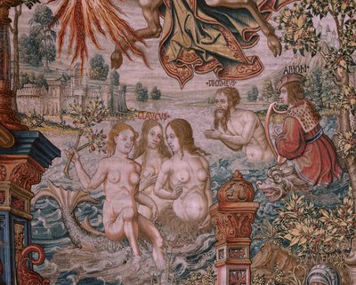 佛兰德挂毯荣誉系列。名声（La Fama）。系列挂毯中的第三幅。Bernard van Orley 和 Jan Gossaert (Mabuse) 圈子里的模范漫画家。制作地点：布鲁塞尔，彼得-凡-艾尔斯特（Pieter van Aelst）。约 1550 年。织物 金、银、丝和羊毛。 作者 Bernaert van (circle of) Orley
