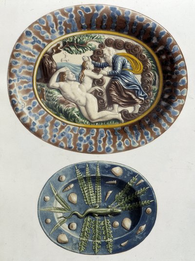 上帝用亚当的大腿创造了夏娃； Lizard - 陶瓷餐具，在 C. Delange 和 C. Borneman 的“Bernard Palissy 的作品”中，巴黎 作者 伯纳德（后）帕利斯西