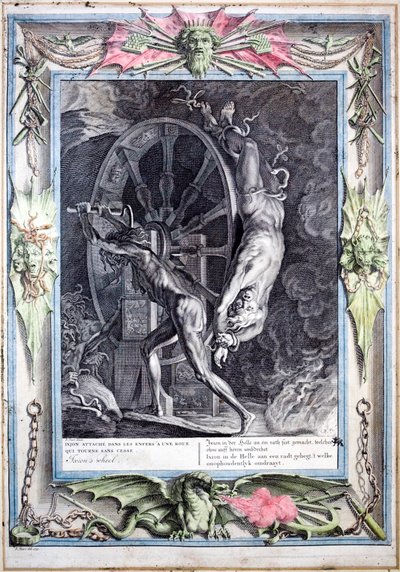 Ixion bound to the eternally turning fiery wheel (coloured engraving) 作者 伯纳德·毕卡特（Picart）
