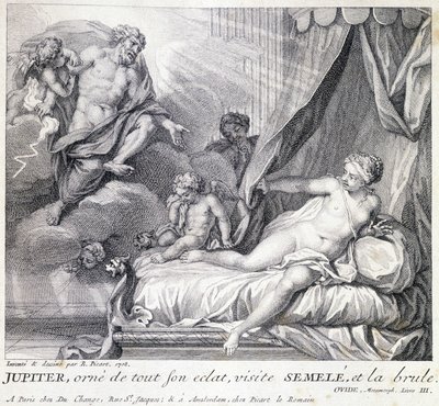 Jupiter (Zeus) burns Semele with his lightning. Engraving of the 18th century after the drawing of B. Picart made in 1708. 作者 伯纳德·毕卡特（Picart）