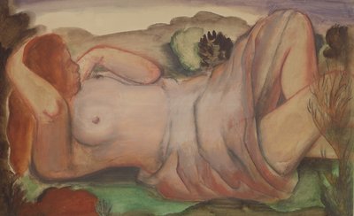 风景中的裸体卧姿，约 1940 年（水粉、水彩和铅笔） 作者 伯纳德·梅宁斯基