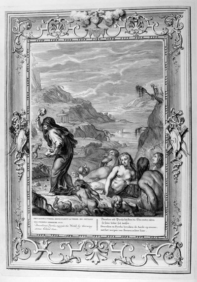 迪卡利翁（Deucalion）和皮拉（Pyrrha）通过在石头后面扔石头来重塑世界，1733年 作者 伯纳德·皮卡特