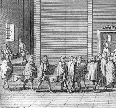 Different stages of the conclave, meeting of the cardinals for the election of a new pope: the rations are made during the conclave (Vatican: arrival of food during the conclave) Engraving from “” Illustration of religious ceremonies and customs of all peo 作者 伯纳德·皮卡特