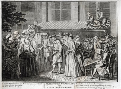 德国犹太社区中的犹太婚礼 来自伯纳德·皮卡特 (Bernard Picart) (1723-1743) 1819 年私人收藏的“世界各国人民的仪式和宗教习俗的插图”雕刻 作者 伯纳德·皮卡特