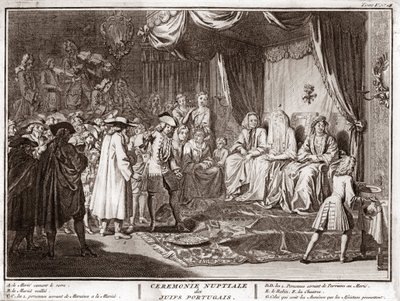 葡萄牙犹太人社区中的犹太婚礼 伯纳德·皮卡特 (Bernard Picart) (1723-1743) 1819 年私人收藏的“世界各国人民的仪式和宗教习俗的插图”版画 作者 伯纳德·皮卡特
