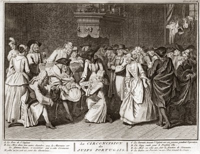 犹太教：葡萄牙犹太社区的割礼仪式 雕刻自 "Illustration de ceremonies et customs religieuses de tous les peuples du monde" by Bernard Picart (1723-1743) 1819 私人收藏 作者 伯纳德·皮卡特