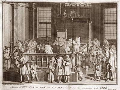 犹太教：阅读前在犹太教堂展示《妥拉》) 雕刻自 Bernard Picart (1723-1743) 1819 年私人收藏的“仪式和习俗宗教插图”” 作者 伯纳德·皮卡特