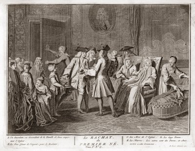 Judaism: the tradition of the redemption of the first-born son, a mitzvah in Judaism whereby a Jewish firstborn son is redeemed by use of silver coins from his birth-state of sanctity) Engraving from “Illustration de ceremonies et customs religieuses de to 作者 伯纳德·皮卡特