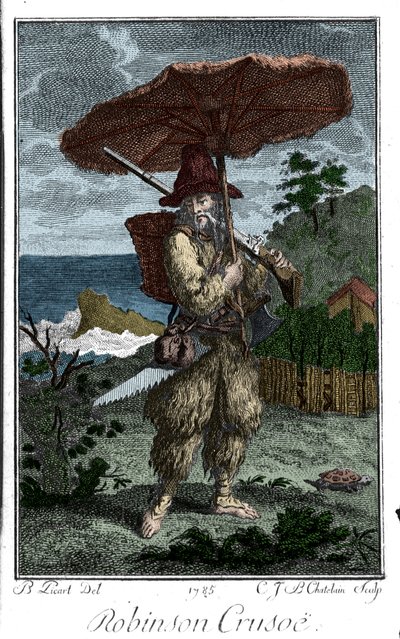 鲁滨逊漂流记在他的荒岛上的表现。 Bernard Picart (1673-1733) 的版画描绘了 Daniel Defoe 或 De Foe (1660-1731) 的小说 作者 伯纳德·皮卡特