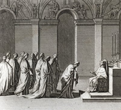 Solemn Inauguration of the Pontificate: “” The Adoration of the Pope in the Sistine Chapel”” (Papal Inauguration: Worshiping of the Pope in the Sistine Chapel) Engraving from “” Illustration of Ceremonies and Religious Customs of All Peoples of the World”” 作者 Bernard Picart
