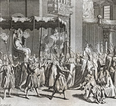 庄严的教皇就职典礼：燃烧一块布）伯纳德·皮卡特（Bernard Picart，1723-1743 年）1819 年私人收藏的“世界各国人民的仪式和宗教习俗图解”版画 作者 伯纳德·皮卡特