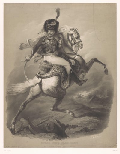 骑马进攻的军官
Le chasseur de la garde（物上标题）
使用两支蜡笔的新石版画（系列名称）
Nouveaux groupes aux deux crayons（作品名称） 作者 弗朗索瓦·德拉鲁