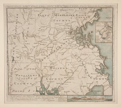 波士顿及周边地区地图，约 1775 年 作者 伯纳德·罗曼斯