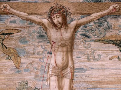弗拉芒挂毯。查理五世系列 Dais（奥地利玛格丽特的 Baldachin）。仁慈的基督（Cristo de la Misericordia）。台座后的挂毯面板。模型伯纳德-凡-奥利（Bernard van Orley，1491-1542 年）。制作者：彼得-德-潘尼梅克（Pieter de Pannemaker），布鲁塞尔。1518-1524.织物 G 作者 伯纳德·范·奥利