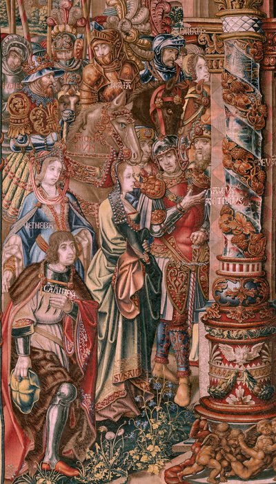 佛兰德挂毯荣誉系列。信仰》（La Fe）。该系列的第一幅挂毯。Bernard van Orley 和 Jan Gossaert (Mabuse) 圈子里的漫画家模特。制作地点：布鲁塞尔，彼得-凡-艾尔斯特（Pieter van Aelst）。约 1550 年。织物 金、银、丝和羊毛。 作者 伯纳德·范·奥利