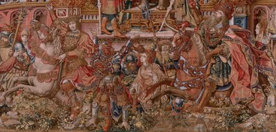 佛兰德挂毯荣誉系列。名声（La Fama）。系列挂毯中的第三幅。Bernard van Orley 和 Jan Gossaert (Mabuse) 圈子里的模范漫画家。制作地点：布鲁塞尔，彼得-凡-艾尔斯特（Pieter van Aelst）。约 1550 年。织物 金、银、丝和羊毛。 作者 伯纳德·范·奥利