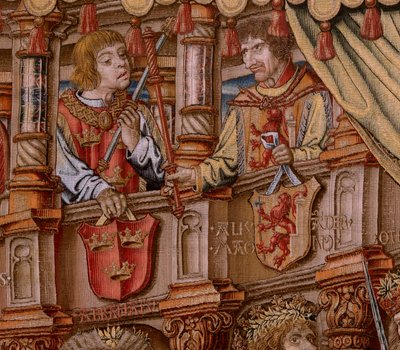 佛兰德挂毯荣誉系列。荣誉（El Honor）。该系列的第二幅挂毯。Bernard van Orley 和 Jan Gossaert (Mabuse) 圈子里的漫画家模特。制作地点：布鲁塞尔，彼得-凡-艾尔斯特（Pieter van Aelst）。约 1550 年。织物 金、银、丝和羊毛。 作者 伯纳德·范·奥利