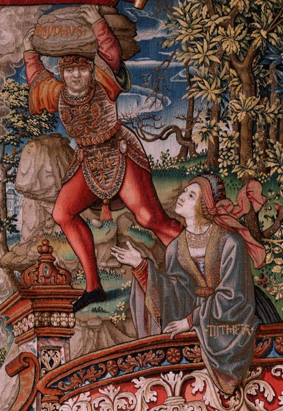 佛兰德挂毯荣誉系列。正义》（La Justicia, Los Honores）。系列挂毯的第九幅。Bernard van Orley 和 Jan Gossaert (Mabuse) 圈子里的漫画家模特。布鲁塞尔 Pieter van Aelst 制造。约 1550 年。织物 金、银、 作者 伯纳德·范·奥利