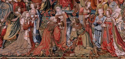 佛兰德挂毯荣誉系列。正义》（La Justicia, Los Honores）。系列挂毯的第九幅。Bernard van Orley 和 Jan Gossaert (Mabuse) 圈子里的漫画家模特。布鲁塞尔 Pieter van Aelst 制造。约 1550 年。织物 金、银、 作者 伯纳德·范·奥利