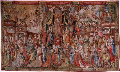 佛兰德挂毯荣誉系列。正义》（La Justicia, Los Honores）。系列挂毯的第九幅。Bernard van Orley 和 Jan Gossaert (Mabuse) 圈子里的漫画家模特。布鲁塞尔 Pieter van Aelst 制造。约 1550 年。织物 金、银、 作者 伯纳德·范·奥利