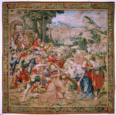 佛兰德挂毯耶稣受难记》系列。通往髑髅地途中的坠落（Caída en el camino del Calvario）。该系列的第二幅挂毯。模型 漫画家 Bernard van Orley。制作者：Pieter de Pannemaker，布鲁塞尔。约 1518-1523 年。织物 金、银、 作者 伯纳德·范·奥利
