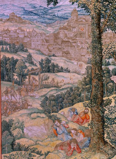 佛兰德挂毯基督的激情》系列。基督在橄榄山。制作者：Pieter de Pannemaeker，布鲁塞尔。漫画家巴伦德-凡-奥利。约 1518-1522 年。 作者 伯纳德·范·奥利