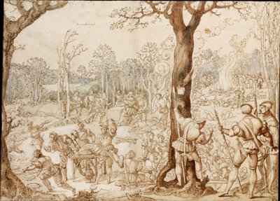 Jeux partages（分享猎物）（狩猎日森林中的宴会场景）--贝尔纳特-凡-奥利（1488-1541 年）的作品（巴伦德、巴伦特、贝尔纳特-凡-布鲁塞尔），纸上墨水 (37.6x57.7) 作者 伯纳德·范·奥利
