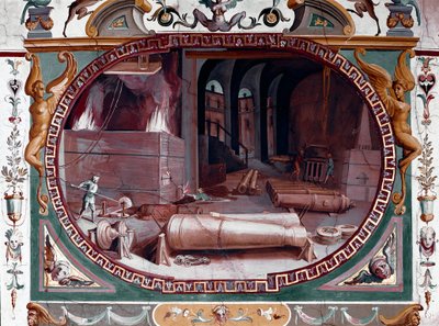 一家枪支铸造厂的车间代表。 壁画 by Bernardino Barbatelli dit Poccetti (1548-1612) 佛罗伦萨，乌菲兹美术馆（乌菲兹美术馆） 作者 贝纳迪诺·巴巴特利·波切蒂