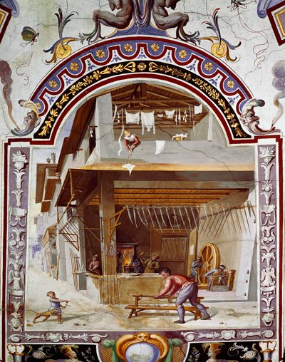 代表枪匠的车间，在烤箱底部，一名工人正在制造一把剑。 壁画 by Bernardino Barbatelli dit Poccetti (1548-1612) 佛罗伦萨，乌菲兹美术馆 (Uffizi) 作者 贝纳迪诺·巴巴特利·波切蒂