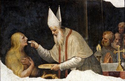 玛德琳的圣餐。 Bernardino de Scapis 的壁画，名为 Bernardino Luini。 15世纪。 米兰市的 Sovrintenza 作者 贝纳迪诺·路易尼