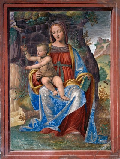 圣母子，贝尔纳迪诺·卢尼（Bernardino Luini）（约 1480-约 1532 年）的壁画，位于意大利伦巴第的 Lavabo Room 或 Vestry 作者 贝纳迪诺·路易尼