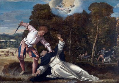 La mort de Saint Pierre de Verone - Peinture attribuee a Bernardino da Asola (actif 1525-1550), huile sur toile (102x144,8 cm), vers 1540 - （《圣彼得烈士之死》，Bernardino da Asola 创作的布面油画 作者 贝纳迪诺·达索拉