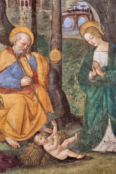 牧羊人的崇拜细节 壁画：Pinturicchio (Bernardino di Betto) (1454-1513) 1484-1492 (Church of Santa Maria del Popolo), Basilica di Santa Maria del Popolo, Cappella Basso della Rovere Rome 意大利 作者 贝纳迪诺·贝托·平图里基奥