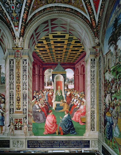 Aeneas Sylvius Piccolomini（1405-64 年）于 1447 年 2 月 7 日向教皇欧根纽四世（1383-1447 年）发表臣服宣言 作者 贝纳迪诺·贝托·平图里基奥