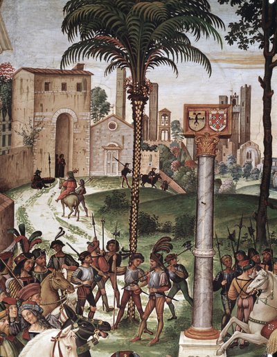 主教 Enee Silvio Piccolomini (Pius II)) 介绍了神圣帝国的阿拉贡托皇帝弗雷德里克三世的埃莱奥诺拉。 细节 - 壁画 作者 Bernardino di Betto Pinturicchio