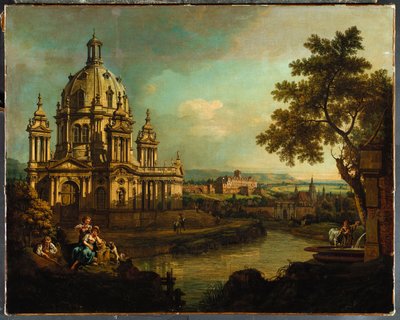 1765年在皮尔纳（Pirna）建有圆顶教堂和建筑物的随想 作者 贝尔纳多·贝洛托（Canaletto）