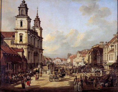 1778 年从华沙的 Nowyswiat 街看克拉科夫斯基街 贝尔纳多·贝洛托 (Bernardo Bellotto)（1720-1780 年）1778 年华沙国家博物馆的画作 作者 贝尔纳多·贝洛托（Canaletto）