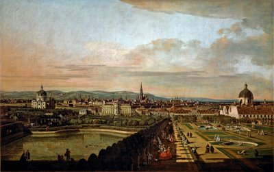 贝尔纳多·贝洛托 (Bernardo Bellotto) (1720-1780) 1758-1761 年从贝尔维德雷 (Belvedere) 画作欣赏维也纳的景色。 136x214 cm 维也纳，艺术史博物馆 作者 贝尔纳多·贝洛托（Canaletto）