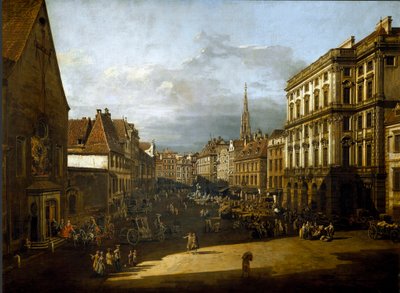 维也纳面粉市场的景色贝尔纳多·贝洛托 (Bernardo Bellotto) (1720-1780) 1760 年作画。 116x155 厘米 维也纳，艺术史博物馆 作者 贝尔纳多·贝洛托（Canaletto）
