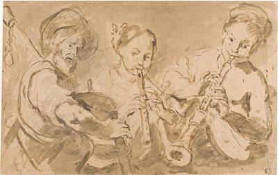 三位音乐家演奏号角和烟斗 作者 贝尔纳多·斯特罗兹（Bernardo Strozzi）