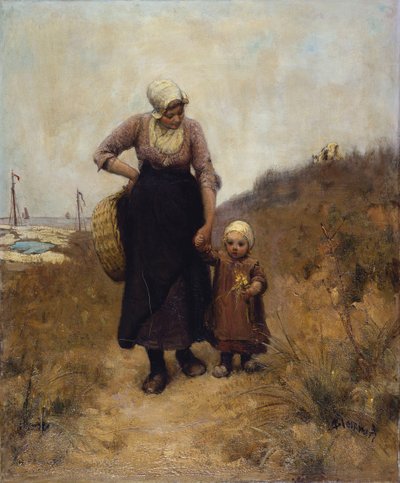 母亲和孩子在海边的小路上 作者 Bernardus Johannes Blommers或Bloomers