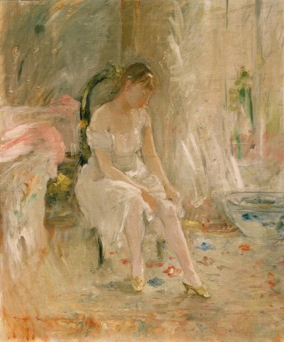 女人穿衣服或女孩把她的长筒袜 作者 贝特·莫里索（Berthe Morisot）