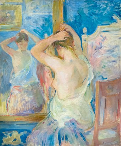 镜前，约 1890 年（布面油画） 作者 贝特·莫里索（Berthe Morisot）