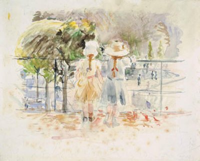 巴黎杜乐丽花园湖边栏杆旁的两个小女孩 作者 贝特·莫里索（Berthe Morisot）