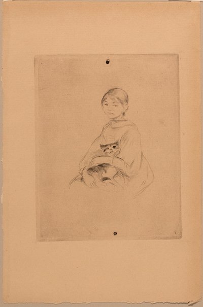 与猫在一起的少女，约 1888 年（蚀刻版画） 作者 贝特·莫里索（Berthe Morisot）