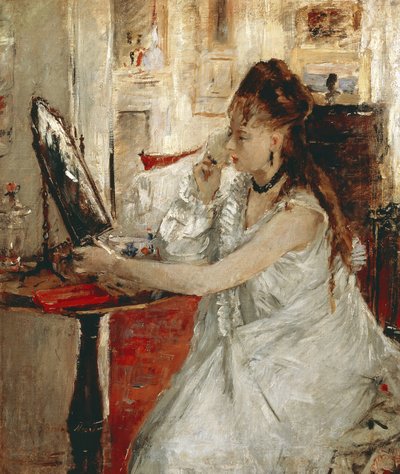 给脸上抹粉的年轻女子（布面油画 作者 贝特·莫里索（Berthe Morisot）