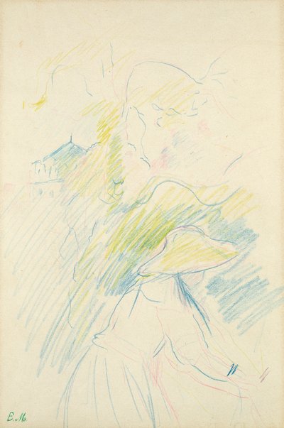 年轻的女孩在花园里，1888年（彩色铅笔在纸上） 作者 贝特·莫里索（Berthe Morisot）